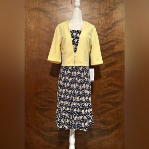 PERCEPTIONS Short Sleeve Jacket & Dress Set Womens L Yellow Daisy Print Easter